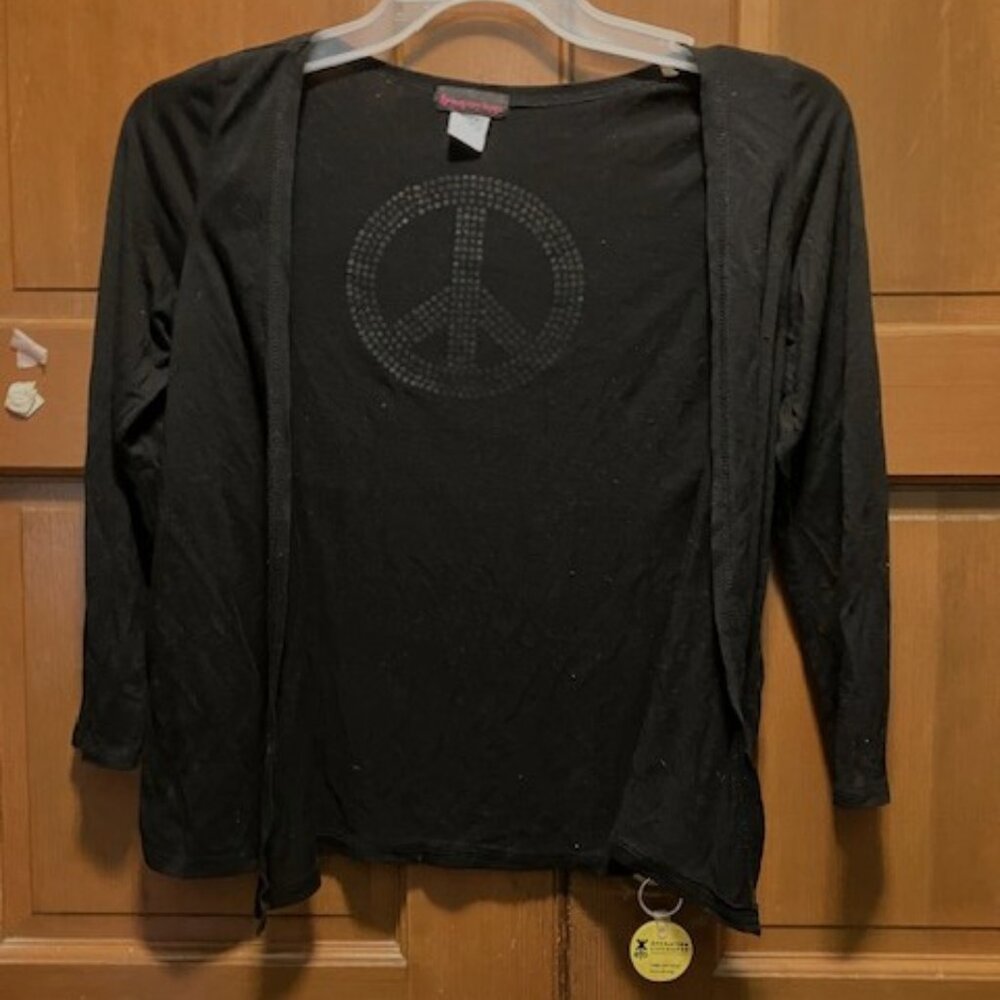 imaginary voyage shrug black w/sleeves rhinestone PEACE symbol on back  L(12-14)